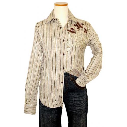 Apricottree Taupe Woven Paisley Design Long Sleeves Cotton Shirt W/ Brown/Tan Woven Pinstripes And Brown Embroidered Design With Leather Patch AT1465